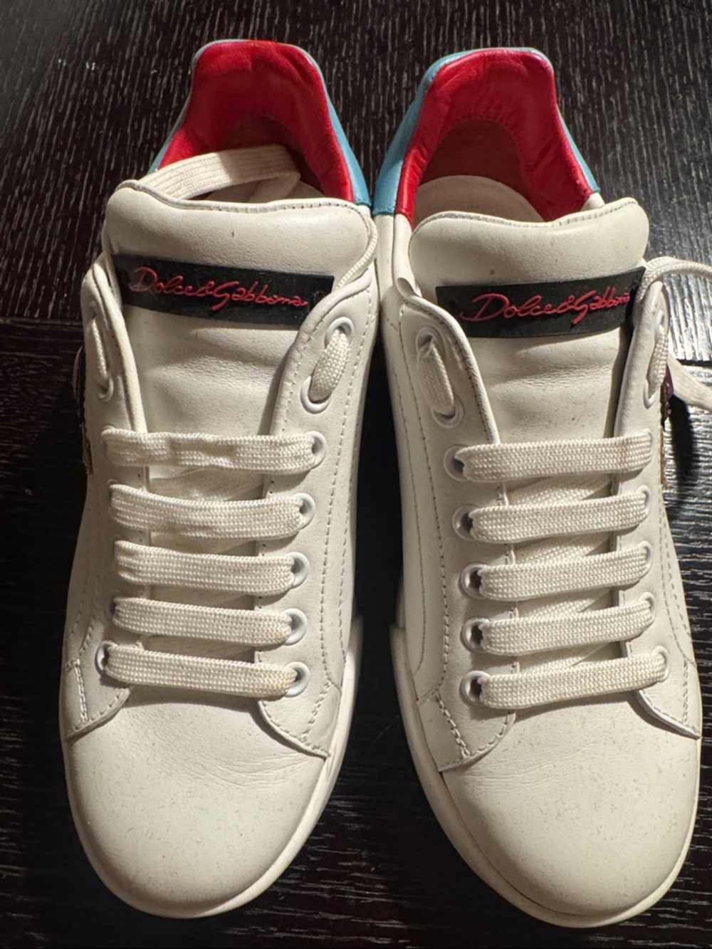 Dolce & Gabbana White Leather Sneakers with Red & Turquoise Accents